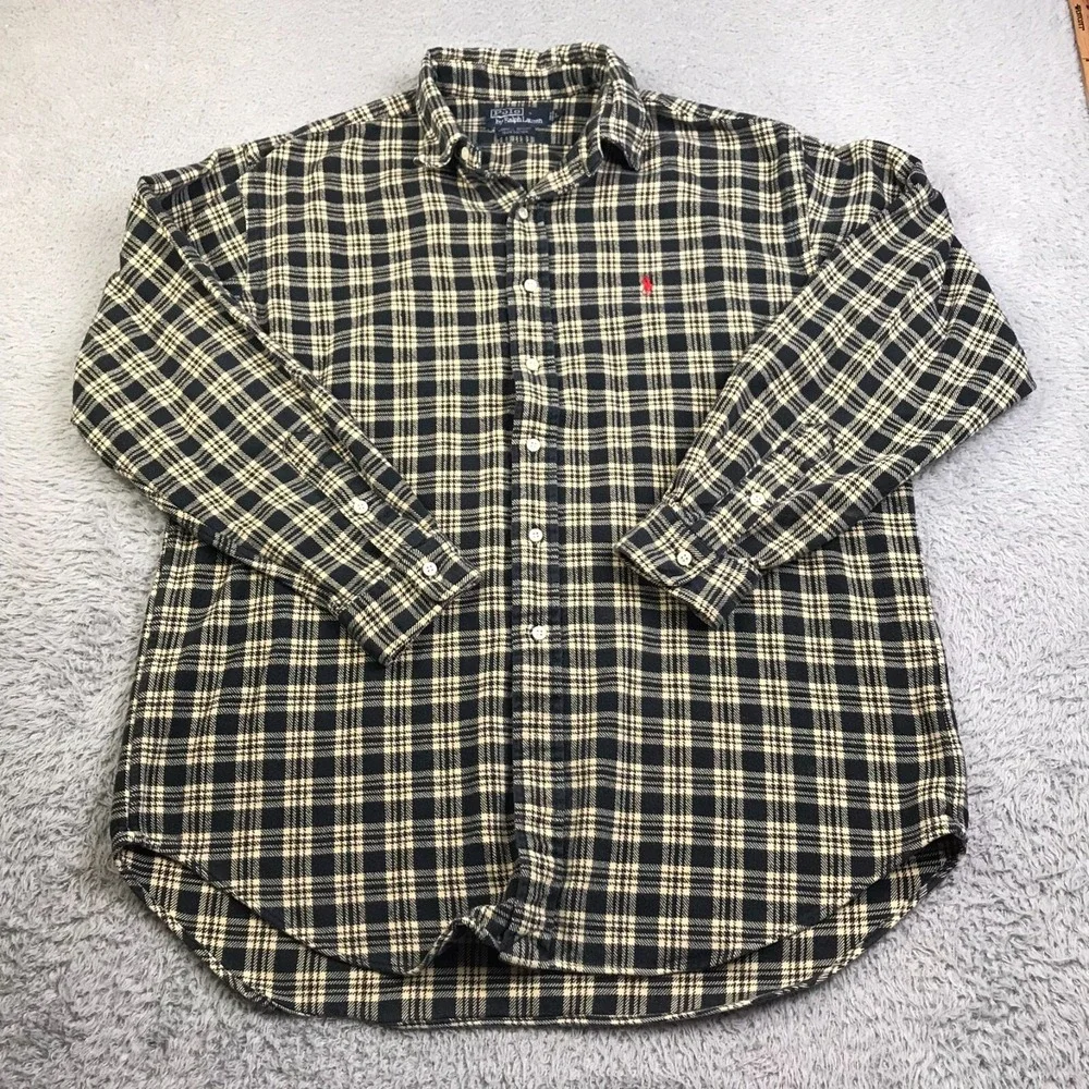 Polo Ralph Lauren Lowell Sport Shirt Men L Black Plaid Cotton Flannel Vintage